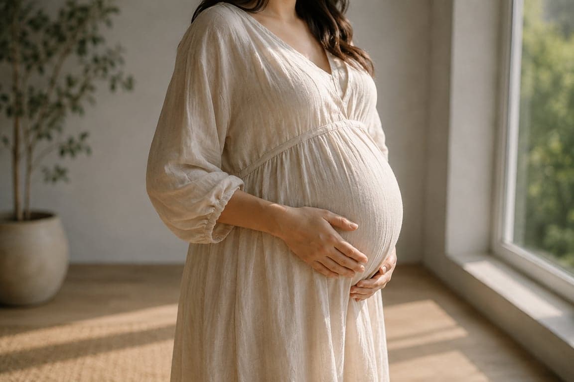 Femme enceinte au troisième trimestre près d'une fenêtre : épilation et grossesse, Dépil Net Essonne