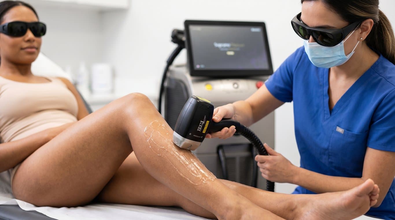 Séance d'épilation laser sur jambe, technologie Soprano Titanium