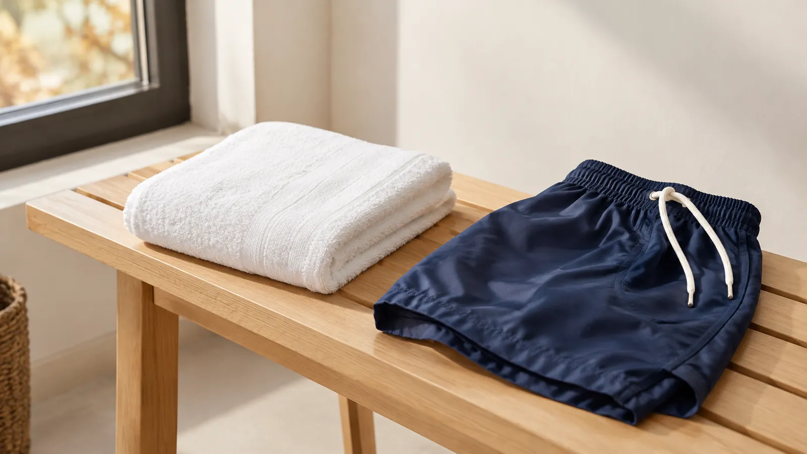 Serviette blanche pliée et short de bain sur un banc en bois clair : épilation laser du maillot homme, Dépil Net Essonne