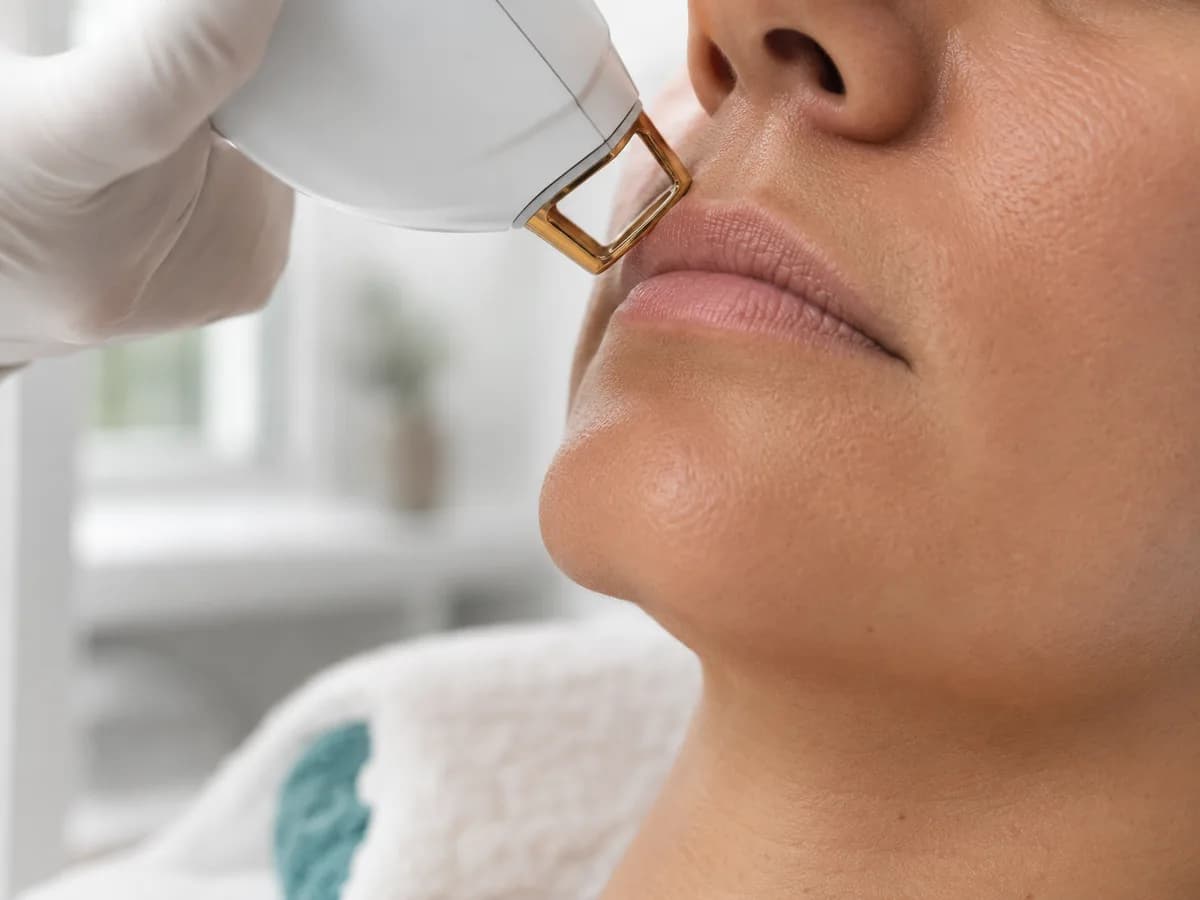 Séance d'épilation laser du visage sur la lèvre supérieure, pièce à main posée sur la peau, Dépil Net Essonne