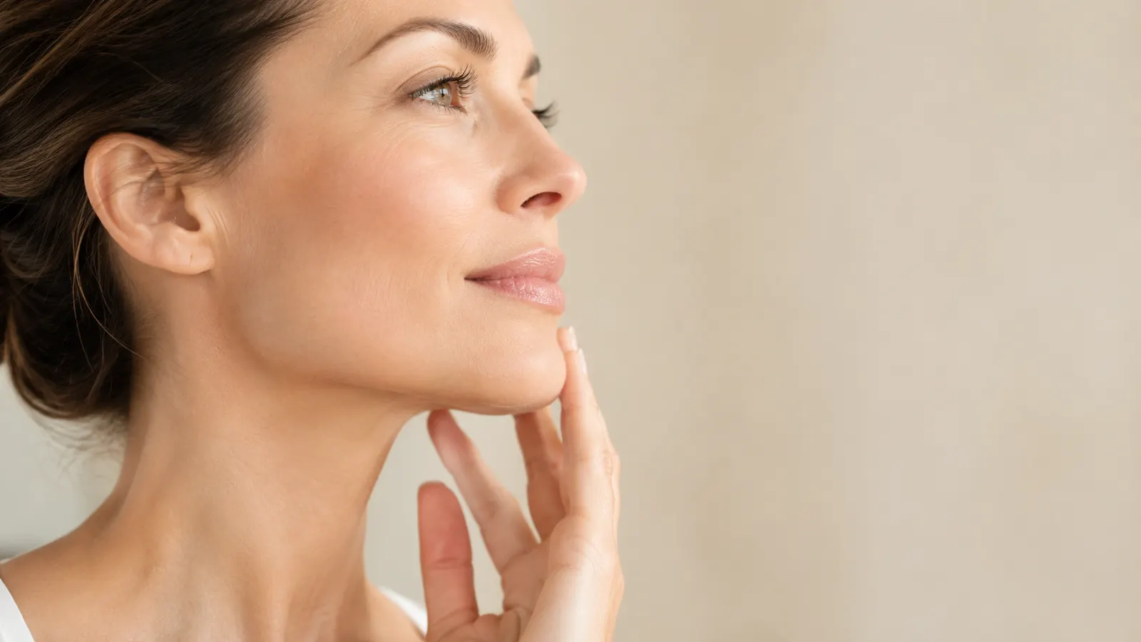 Femme de profil effleurant son menton et l'ovale de son visage, lumière douce : zones hormono-dépendantes et épilation laser, Dépil Net Essonne