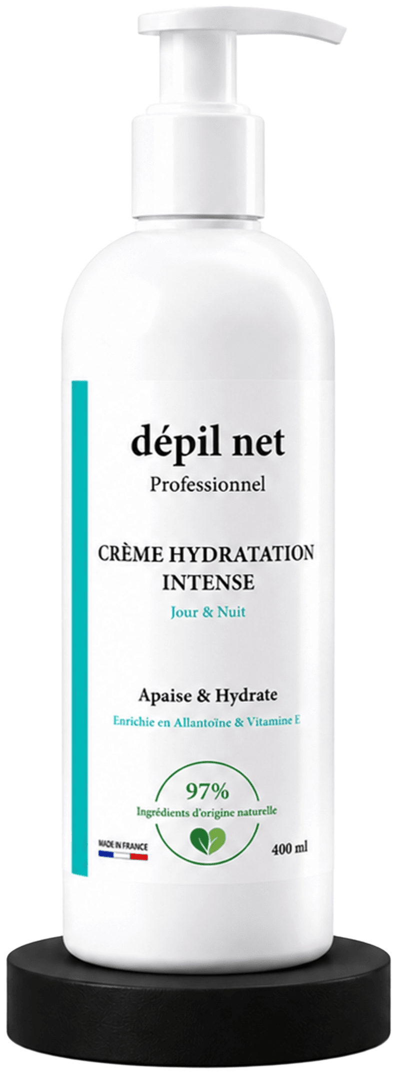 Flacon de la Crème Hydratation Intense Dépil Net Professionnel, 400 ml, enrichie en allantoïne et vitamine E