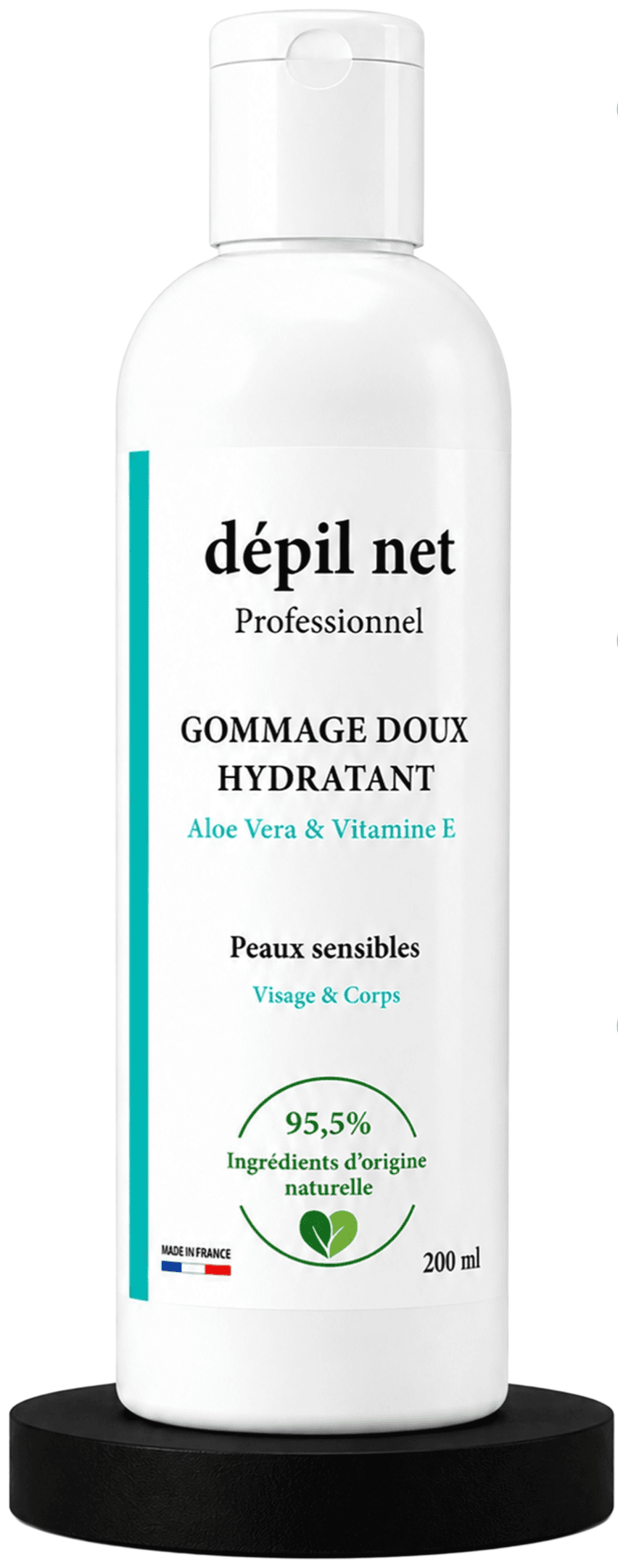 Flacon du Gommage Doux Hydratant Dépil Net Professionnel, 200 ml, aloe vera et vitamine E